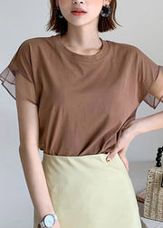 Cute Chocolate O-Neck Tulle Patchwork Ruffled Cotton T Shirts Short Sleeve