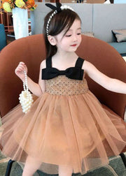 Cute Coffee Bow Wrinkled Patchwork Tulle Kids Girls Dresses Summer