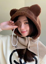 Cute Coffee Little Bear Knitted Warm Scarf Hat One Piece Faux Fur