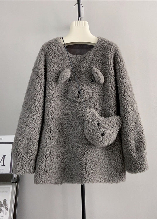 Cute Coffee O Neck Wool Loose Teddy Bear Winter Pullover