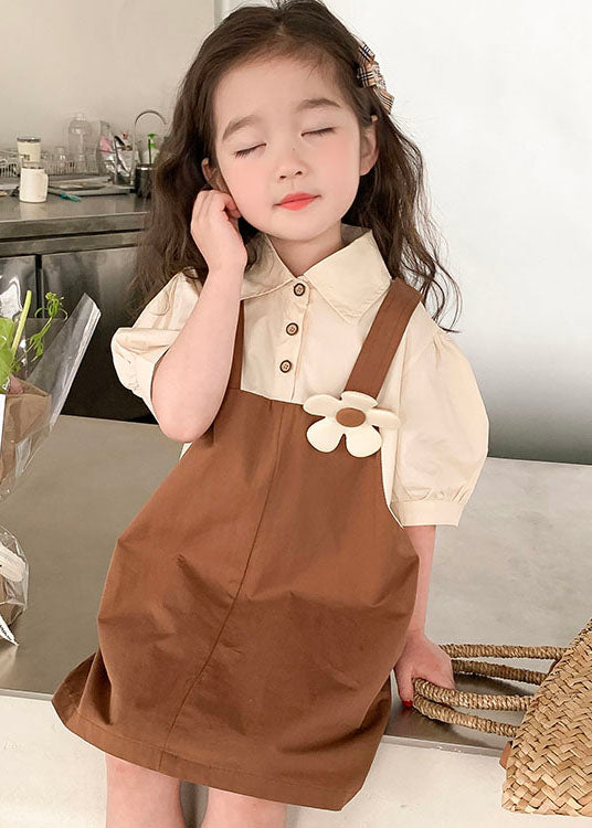 Cute Coffee Pockets Floral Patchwork False Two Pieces Cotton Baby Girls Dress Summer