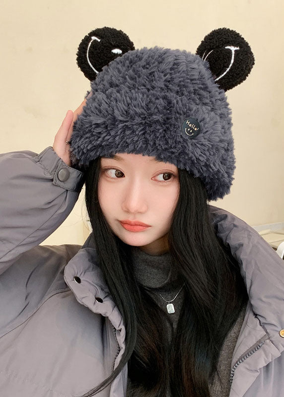 Cute Dark Grey Rabbit Ears Warm Fleece Knitted Cotton Bonnie Hat