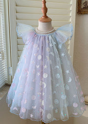 Cute Gradient Blue Sequins Wrinkled Patchwork Tulle Baby Girls Dress Summer