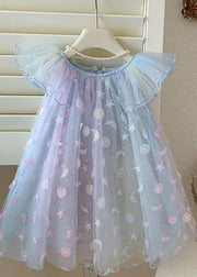 Cute Gradient Blue Sequins Wrinkled Patchwork Tulle Baby Girls Dress Summer