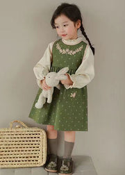 Cute Green Embroidered Ruffled Tops And Waistcoat Dress Cotton Girls Two Fall