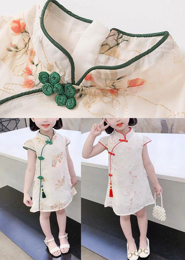 Cute Green Embroidered Tassel Silk Girls Mid Dress Short Sleeve