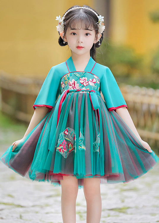 Cute Green Embroidered Tie Waist Tulle Girls Mid Dress Summer
