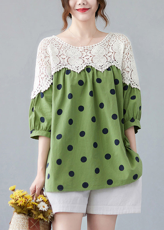 Cute Green O-Neck Dot Lace Patchwork Top Summer