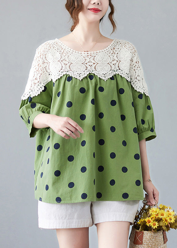 Cute Green O-Neck Dot Lace Patchwork Top Summer