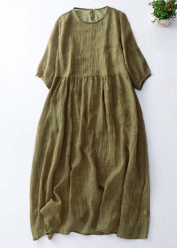 Cute Green O-Neck Patchwork Solid Linen Maxi Dress Short Sleeve