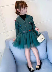 Cute Green O Neck Tulle Patchwork Knit Girls Two Pieces Set Fall