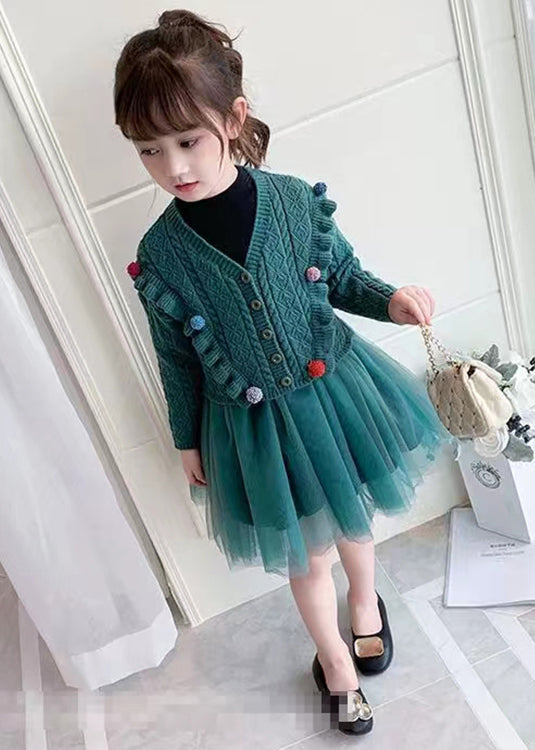 Cute Green O Neck Tulle Patchwork Knit Girls Two Pieces Set Fall