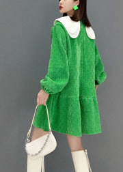 Cute Green Peter Pan Collar Bow Plaid Velour Dresses Spring