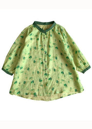 Cute Green Peter Pan Collar Print Linen Blouses Summer