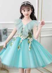 Cute Green Ruffled Embroidered Daisy Tulle Kids Girls Long Dresses Summer