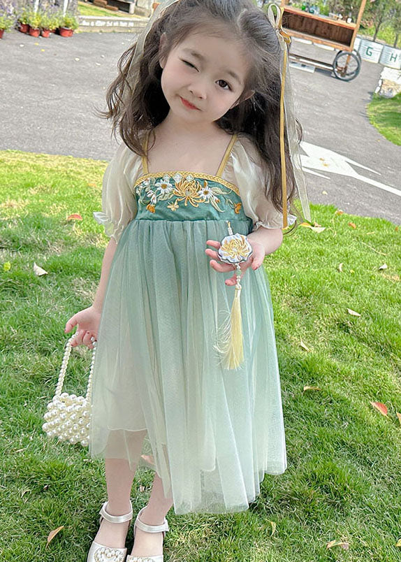 Cute Green Ruffled Embroidered Patchwork Chiffon Kids Girls Dresses Summer