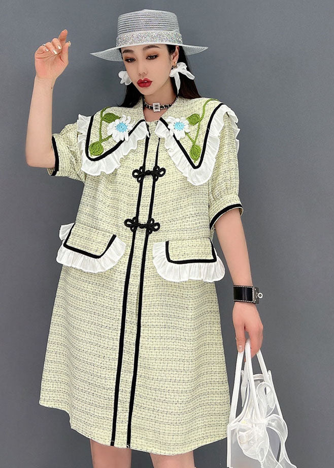 Cute Green Sailor Collar Patchwork Ruffled Cotton Maxi Dress Short Sleeve