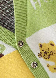 Cute Green V Neck Button Patchwork Knit Baby Waistcoat Sleeveless