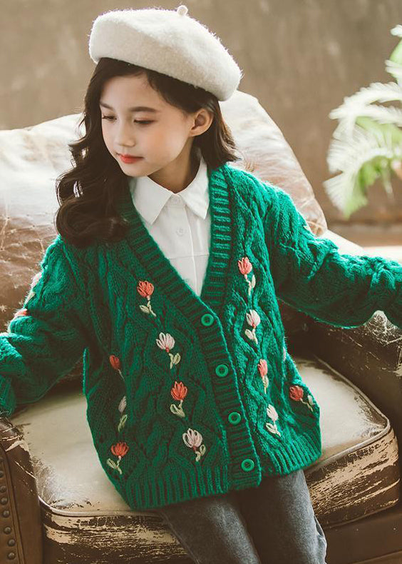 Cute Green V Neck Button Patchwork Knit Girls Cardigans Fall