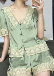 Cute Green V Neck Lace Patchwork Ice Silk Pajamas Two Piece Set Summer