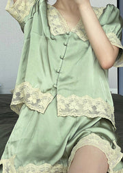 Cute Green V Neck Lace Patchwork Ice Silk Pajamas Two Piece Set Summer