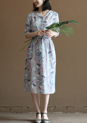 Cute Grey Blue Peter Pan Collar Tie Waist Floral Print Linen Vacation Dresses Half Sleeve