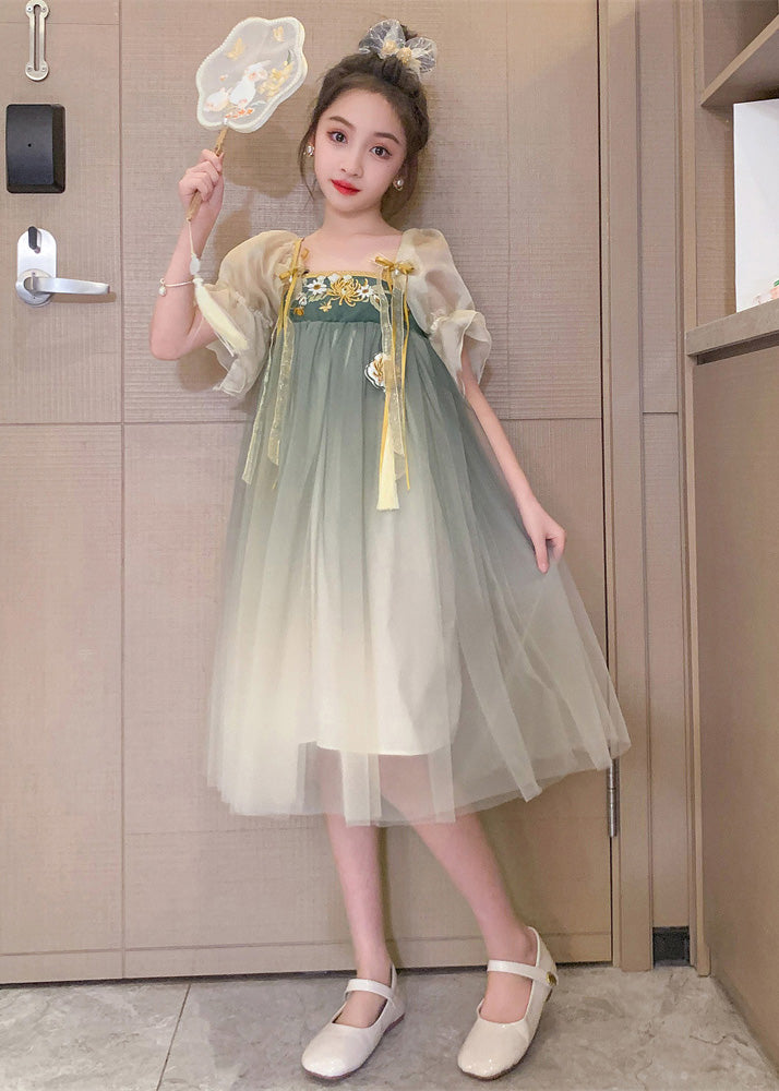 Cute Grey Green Square Collar Embroidered Patchwork Wrinkled Tassel Tulle Kids Girls Maxi Dresses Short Sleeve