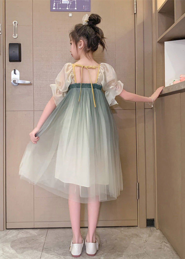 Cute Grey Green Square Collar Embroidered Patchwork Wrinkled Tassel Tulle Kids Girls Maxi Dresses Short Sleeve