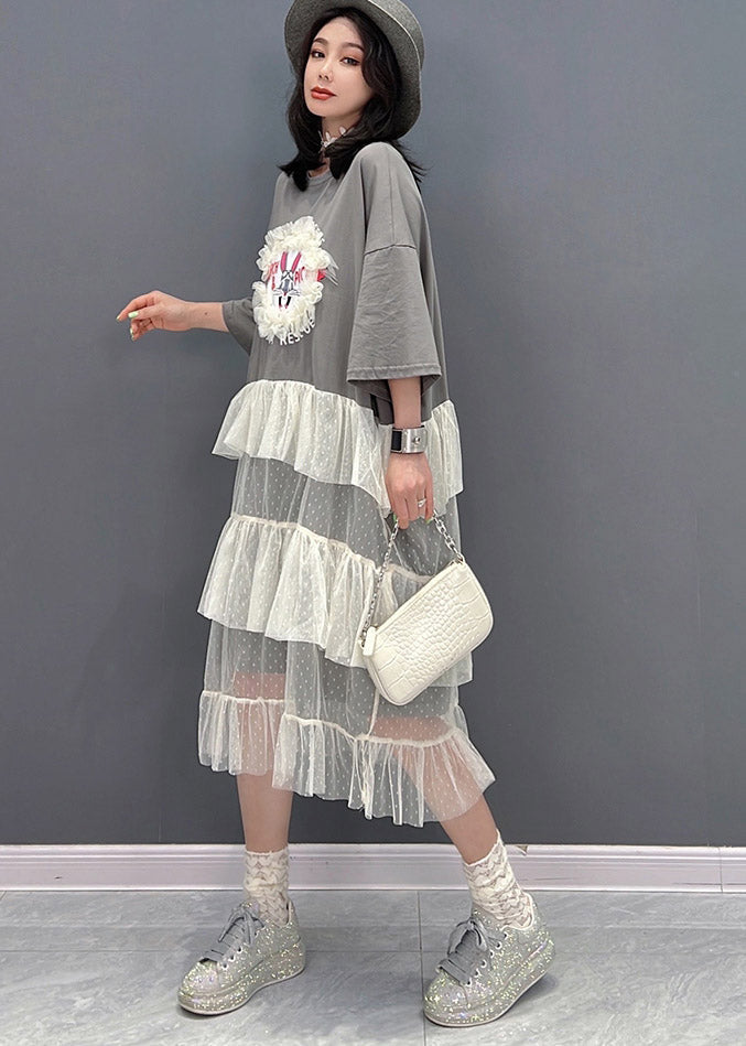 Cute Grey O-Neck Patchwork Tulle Dress Short Sleeve