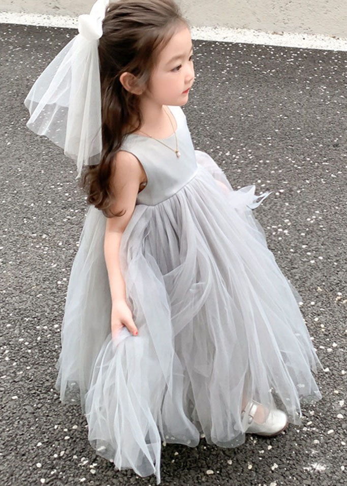 Cute Grey O Neck Wrinkled Patchwork Tulle Baby Girls Party Dress Sleeveless