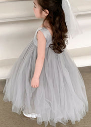 Cute Grey O Neck Wrinkled Patchwork Tulle Baby Girls Party Dress Sleeveless
