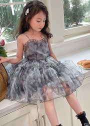 Cute Grey Ruffled Patchwork Tulle Baby Girls Dresses Sleeveless