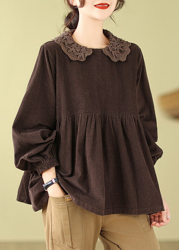 Cute Khaki Lace Patchwork Wrinkled Tops Long Sleeve