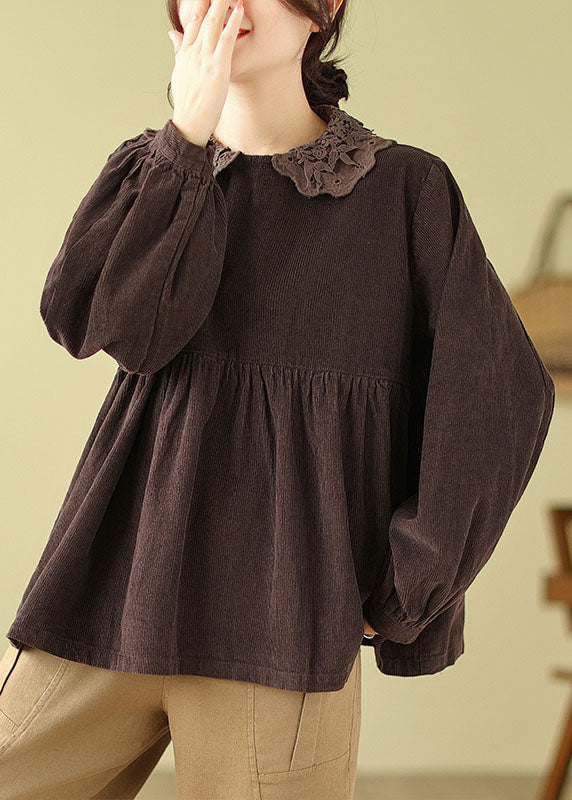 Cute Khaki Lace Patchwork Wrinkled Tops Long Sleeve