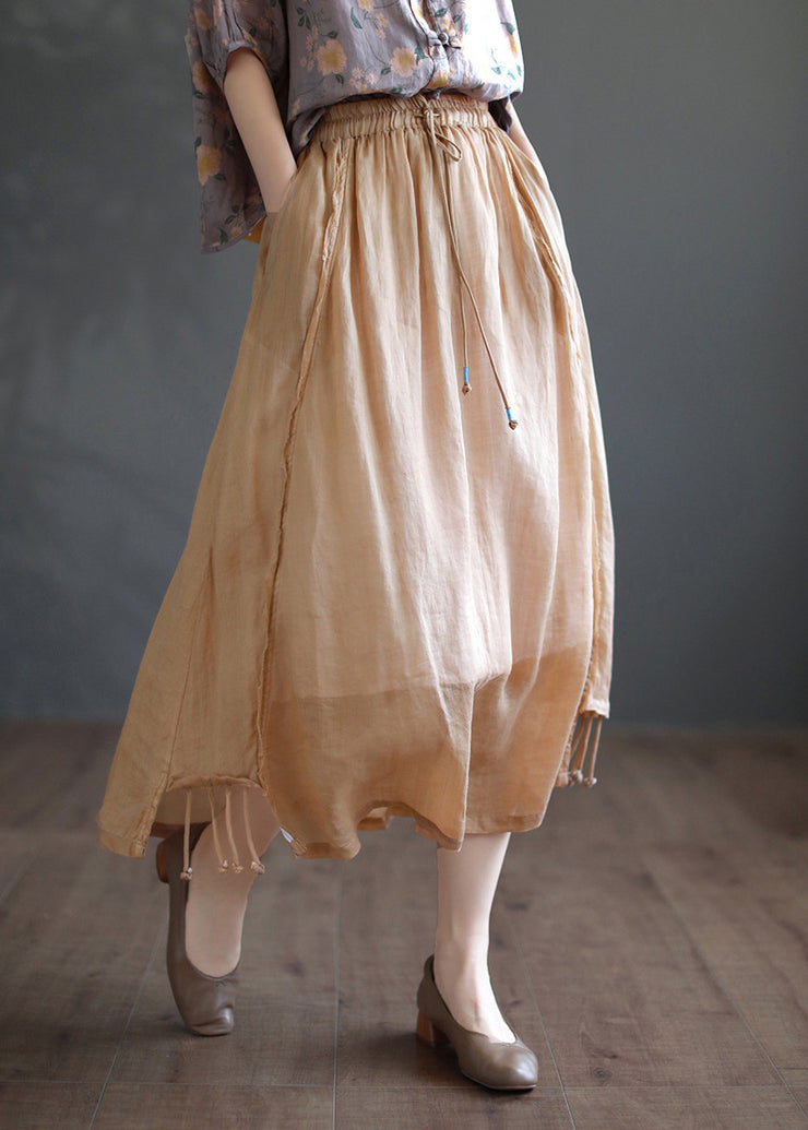 Cute Khaki Patchwork Elastic Waist Solid Ramie A Line Skirts Summer
