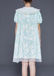 Cute Light Blue Bow Collar Print Tulle A Line Dress Summer
