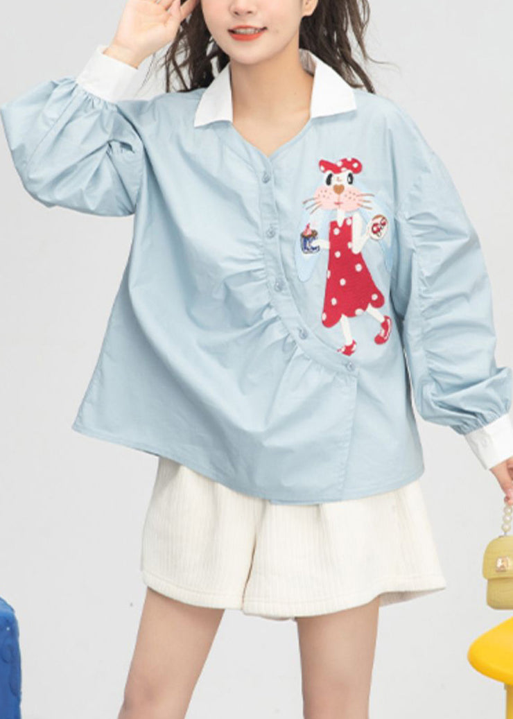 Cute Light Blue Embroidered Floral Button Cotton Shirts Spring