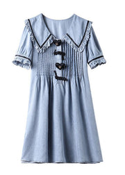 Cute Light Blue Peter Pan Collar Wrinkled Cotton Denim Dress Summer