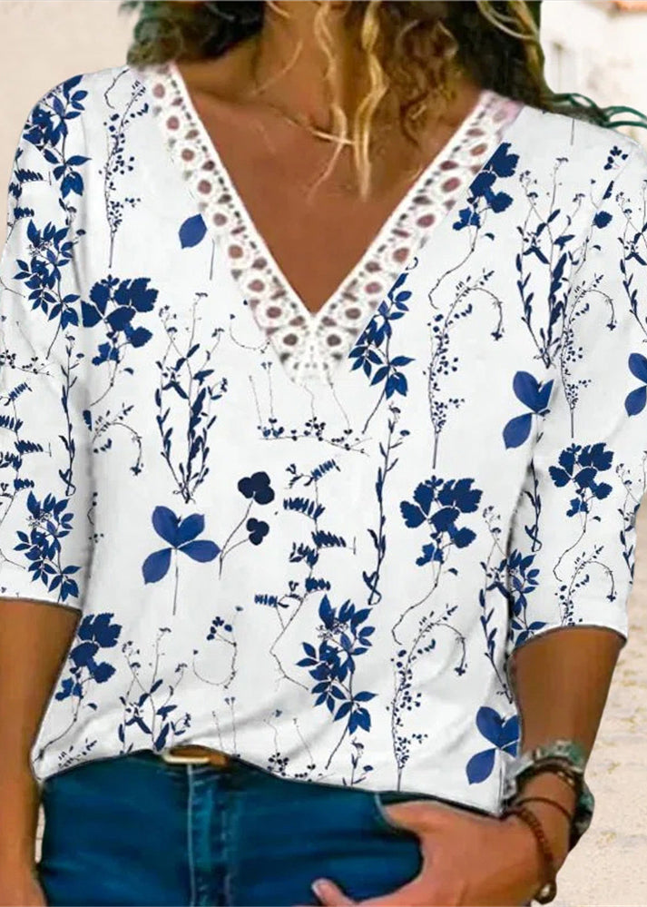 Cute Light Blue V Neck Lace Patchwork Print T Shirt Long Sleeve