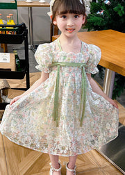 Cute Light Green Print Patchwork Tulle Kids Girls Dresses Summer