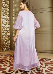 Cute Light Purple O-Neck Zircon Tulle Holiday Long Dress Lantern Sleeve