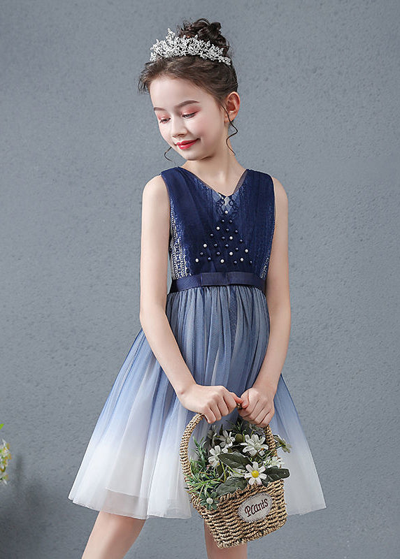 Cute Navy V Neck Nail Bead Gradient Color Tulle Baby Girls Maxi Dress Summer
