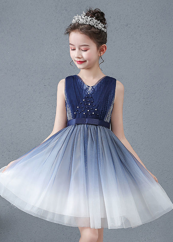 Cute Navy V Neck Nail Bead Gradient Color Tulle Baby Girls Maxi Dress Summer