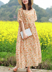 Cute O-Neck Cinched Button Print Long Dresses Short Sleeve