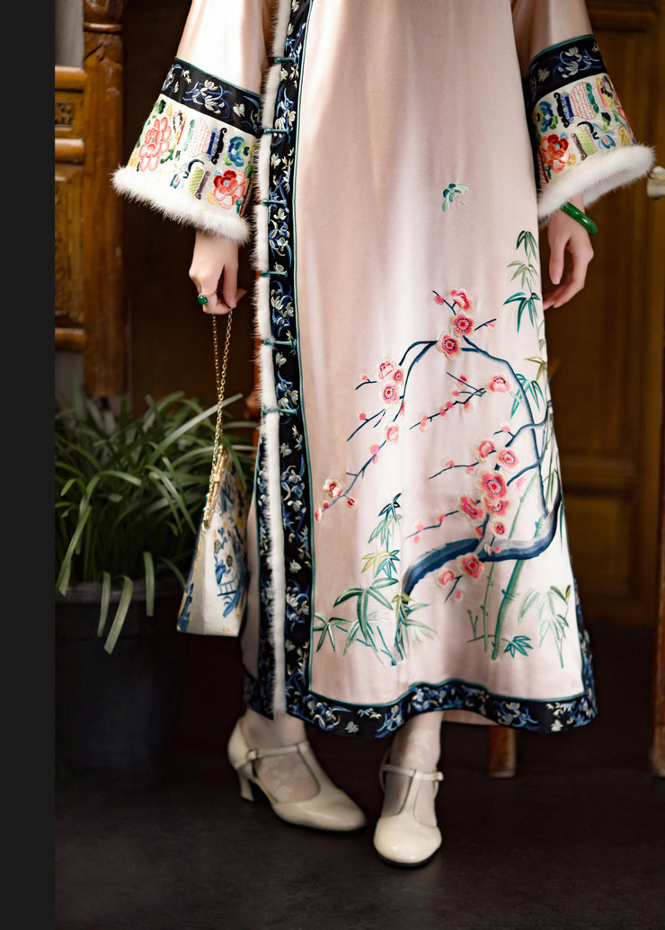 Cute O-Neck Embroidered Floral Thick Silk Cheongsam Long Sleeve