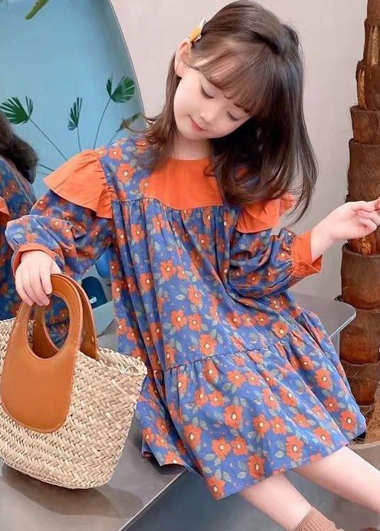 Cute Orange O Neck Print Patchwork Cotton Girls Dress Fall