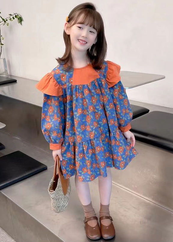 Cute Orange O Neck Print Patchwork Cotton Girls Dress Fall