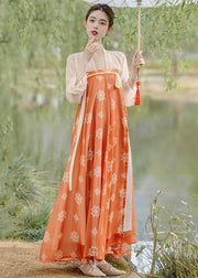 Cute Orange Print Lace Up Wrinkled Patchwork Chiffon Two Pieces Set Fall