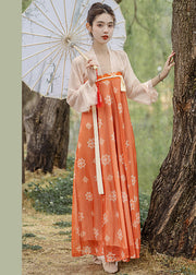 Cute Orange Print Lace Up Wrinkled Patchwork Chiffon Two Pieces Set Fall