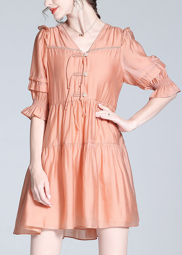 Cute Orange V Neck Patchwork Button Solid Silk Mid Dress Summer